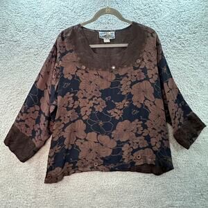 Tienda Ho‎ Women's Brown Black Square Neck Floral Blouse Mirror Sequins Artistic
